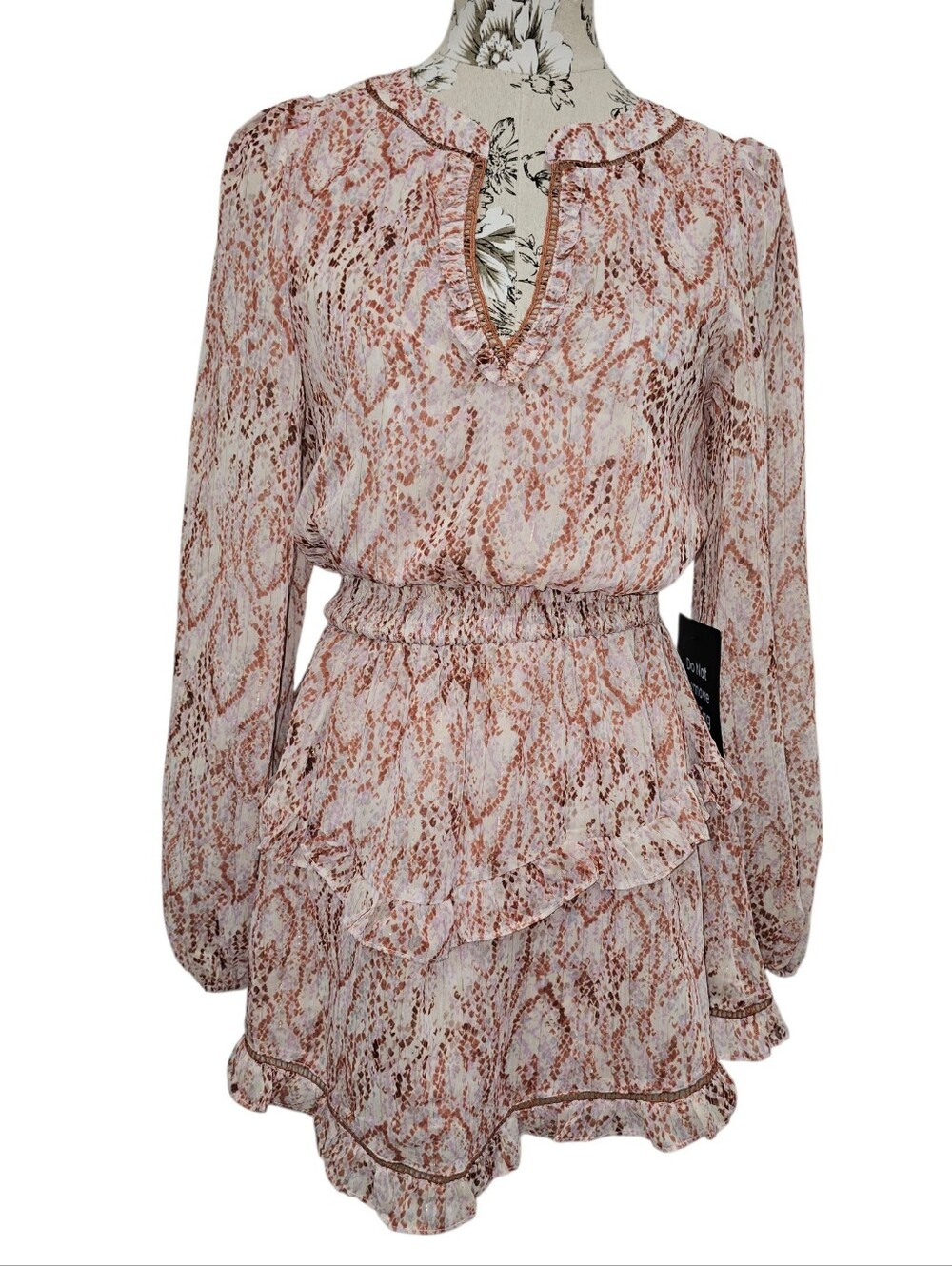 Lulus, NWT, Size S Women's Pink Snake-Print Long Sleeve Blouse Dress